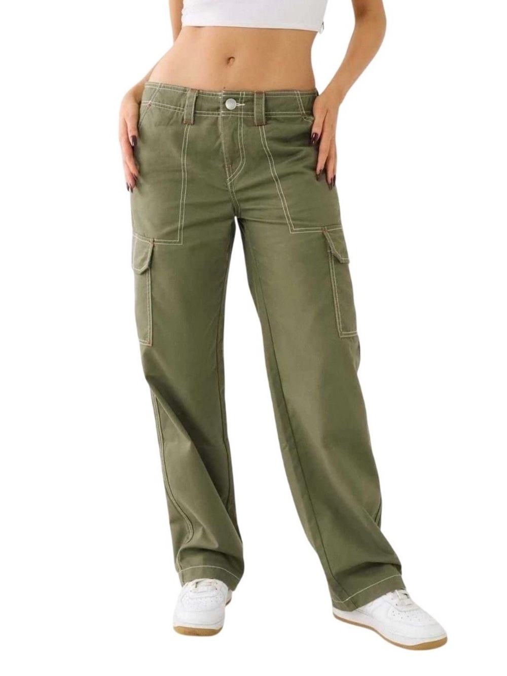 True Religion | Women’s Olive Green Cargo Pants with Red Stitching